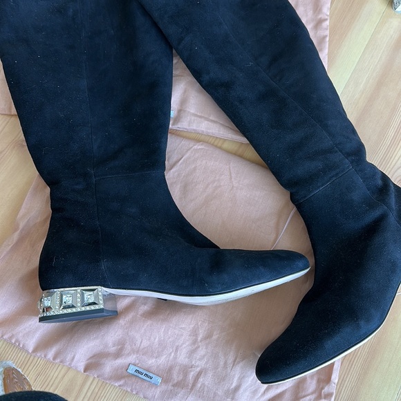 Miu Miu Suede Boots with Rhinestone Heel - Picture 7 of 7